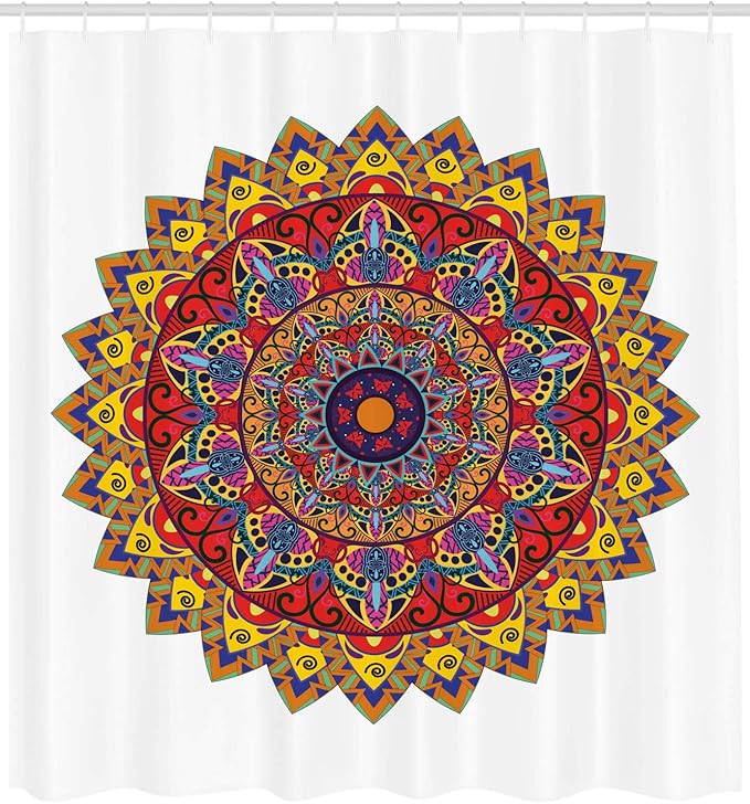 Ambesonne Ethnic Shower Curtain, Bohemic Hippie Design with Geometric Oriental Shapes Image Print, Cloth Fabric Bathroom Decor Set with Hooks, 69" W x 75" L, White