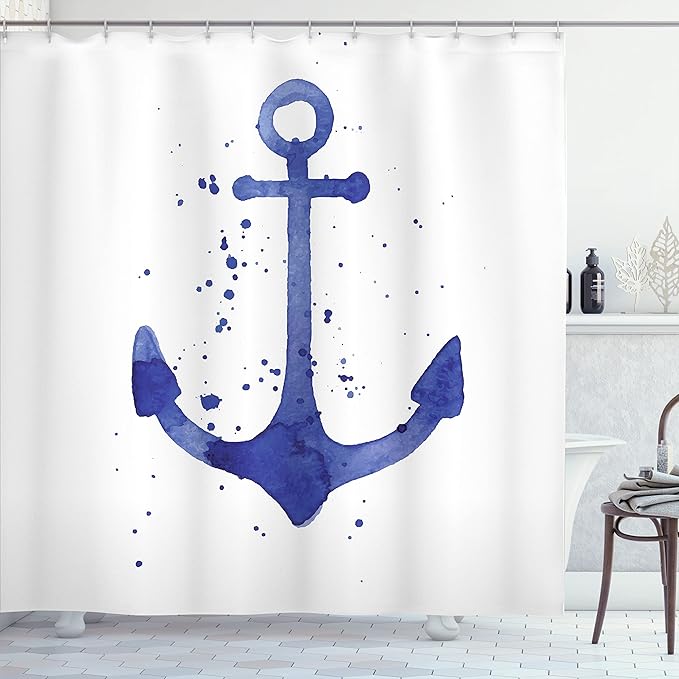 Ambesonne Anchor Shower Curtain, Watercolors Illustration of Anchor Color Drops All Around Navy Equipment Retro Print, Cloth Fabric Bathroom Decor Set with Hooks, 69" W x 75" L, White Navy