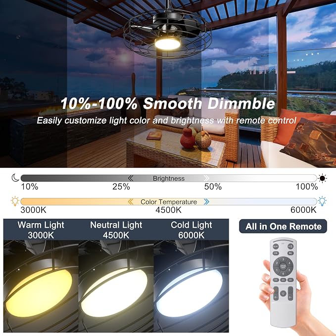 Coolbull 20'' Black Outdoor Ceiling Fans with Light for Gazebos, Patios | IP63 Waterproof, Plug and Play, Remote/APP Control, 3 CCT Dimmable, Enclosed Caged Fan with Hanging Hook