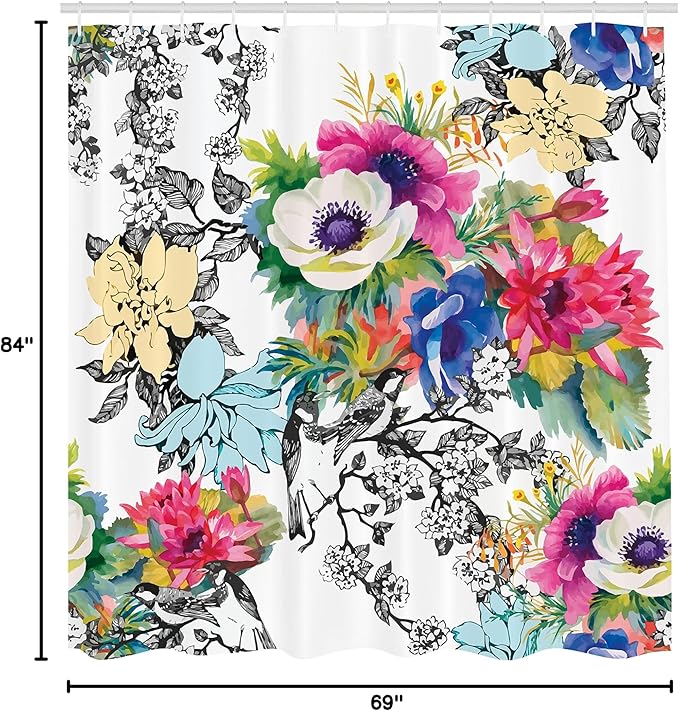 Ambesonne Flower Shower Curtain, Colorful Garden Print of Blossoming Wildflowers and Birds with Leaves Branches of Spring Season, Cloth Fabric Bathroom Decor Set with Hooks, 69" W x 84" L, Magenta