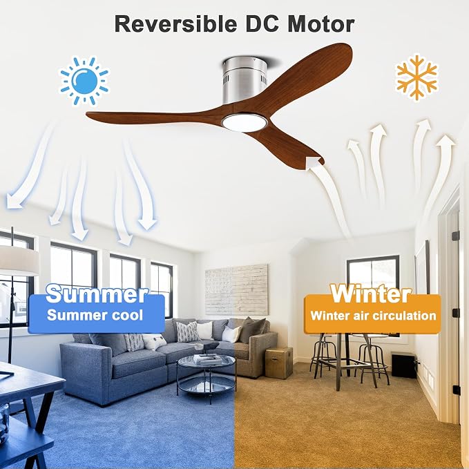 52” Ceiling Fans with Light with 6 Speed Remote/APP Control, Solid Wood Fan Blade, 3CCT Dimmable LED, Noiseless, Bedroom, Hallway Recessed Ceiling Fan
