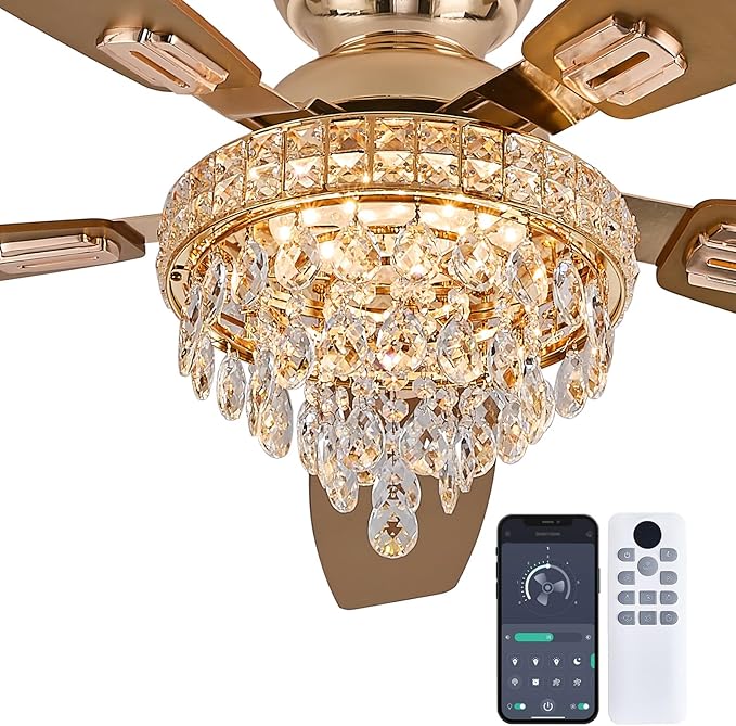 Crystal Ceiling Fan Fandelier with Lights-Ceiling Fans with Lights,54" Low Profile and Remote Control, Flush Mount, Reversible, Dimmable, Noiseless,Gold Ceiling Fan for Bedroom