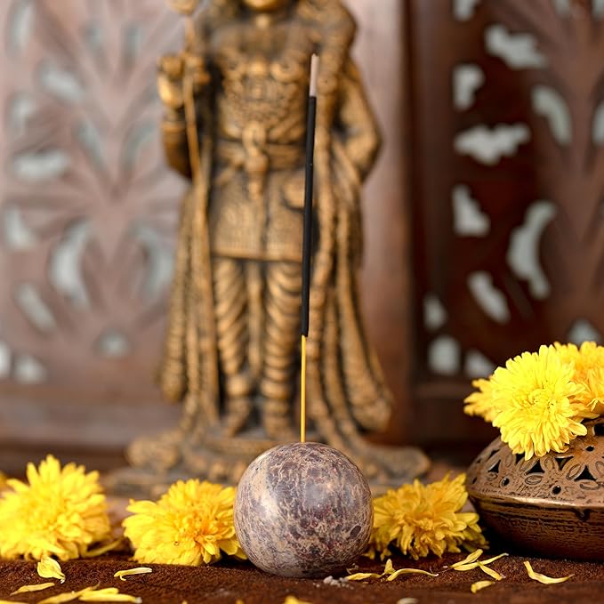 Round Marble Incense Stick Holder Elegant Aromatherapy Accent Simple Ball Shaped Agarbatti Stand for Home Office Spa and Gifting (Brown Ball Shape)
