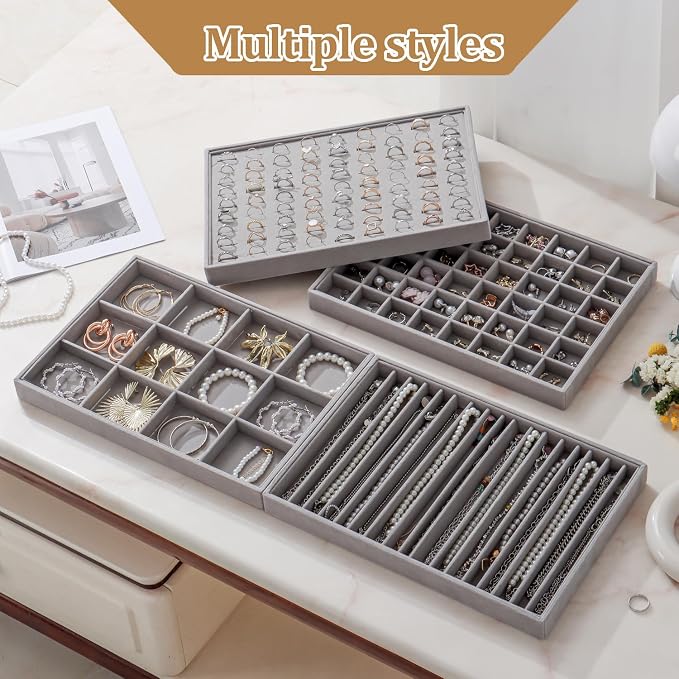 Large Velvet Jewelry Tray 2 Pack Stackable Jewelry Display Drawer Inserts Trays Organizer for Earring Bracelet Necklace Ring (Gray, 16 Grids)