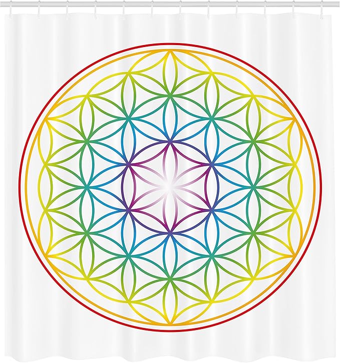 Ambesonne Colorful Shower Curtain, Flower of Life Pattern Radiant Colors Cosmic Dimension Space Forms Print, Cloth Fabric Bathroom Decor Set with Hooks, 69" W x 84" L, White Plum Earth Yellow