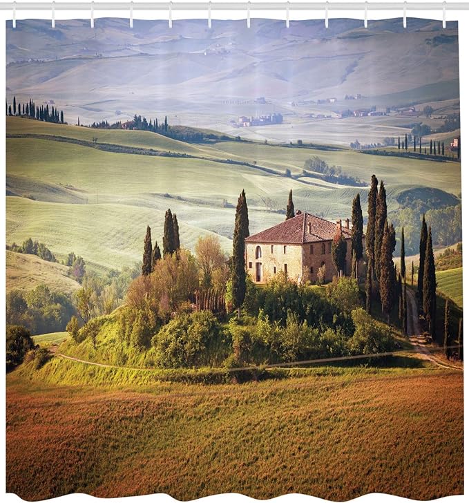 Ambesonne Tuscan Shower Curtain, Tuscany Seen from Stone Village of Montepulciano Italy in Cloudy Day, Cloth Fabric Bathroom Decor Set with Hooks, 69" W x 75" L, Green Taupe