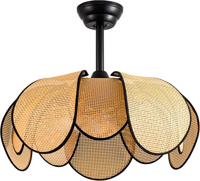 Rattan Fandelier Ceiling Fans with Lights,Boho Black Chandelier Ceiling Fan with Light Remote Flush Mount Chandelier Ceiling Fan with 6 Speeds Fandelier for Bedroom Living Room Kitchen 26inch