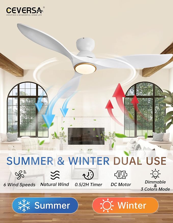 52 Inch Flush Mount White and Gold Ceiling Fans with Lights and Remote,Low Profile Ceiling Fan with Light,Dimmable,Quiet Noiseless DC Motor for Patios,Living Room,Bedroom(Wall Control Switch)