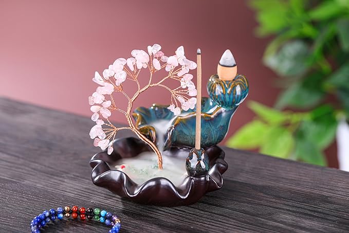Jovivi Backflow Incense Burner Ceramic Incense Waterfall, Natural Rose Quartz Healing Crystal Money Tree Incense Holder for Wealth, Good Luck, Yoga Meditation, Home Decor