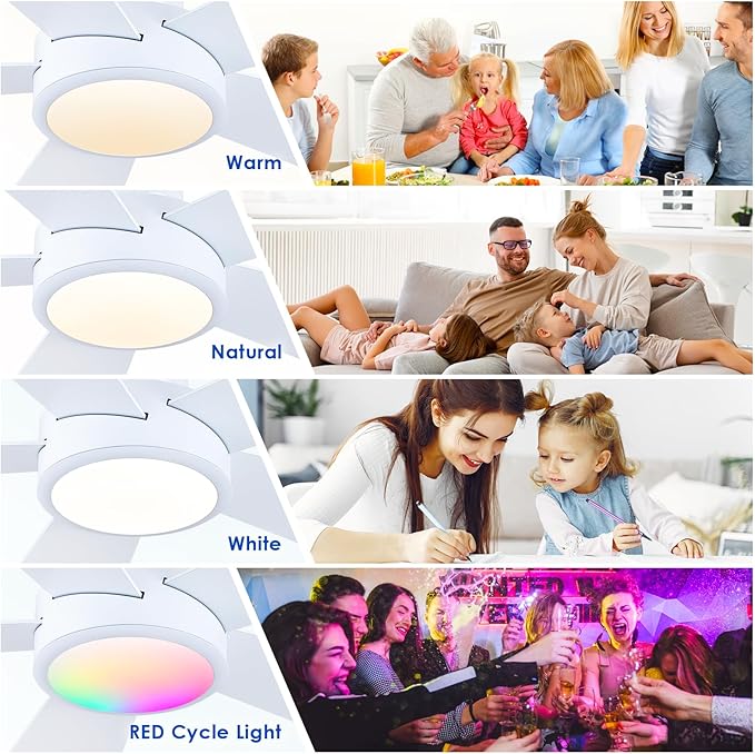 Hounberi 40" RGB Ceiling Fan with Light and Remote, White Low Profile Flush Mount Smart Fan with App Control, Quiet Reversible DC Motor, Modern Dimmable 5-Blade for Bedroom Living Room