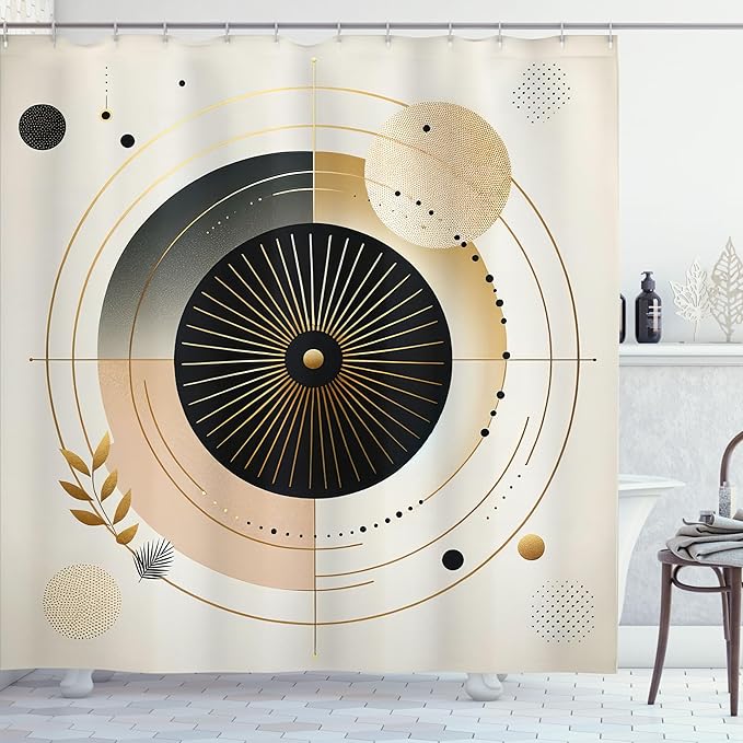 Ambesonne Modern Shower Curtain, Abstract Space Harmony Rounds and Circle Lines with Leafy Orbits Boho, Cloth Fabric Bathroom Decor Set with Hooks, 69" W x 70" L, Pale Mustard Dark Brown