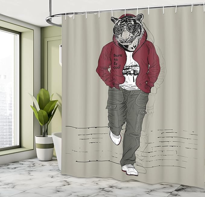 Ambesonne Modern Shower Curtain, Hipster Tiger in Sportswear Taking a Walk Adaptation to Urban City Theme, Cloth Fabric Bathroom Decor Set with Hooks, 69" W x 70" L, Ruby Sage Green Black
