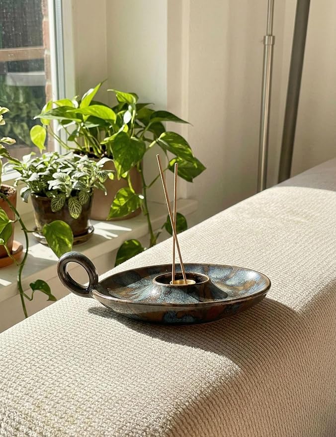 Klin-Transformation Glaze Blue Incense Holder，Handcrafted Ceramic with Unique Flowing Colors & Handle for Sage, Palo Santo, Good for Meditation & Yoga Gift