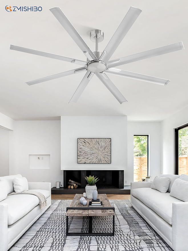 ZMISHIBO 72 Inch Ceiling Fan No Light, Large Black Ceiling Fan with Remote, Quiet DC Motor, and 6 Speeds, Indoor/Outdoor Industrial Ceiling Fans 8 Aluminum Blades for Patio, Garage, Shop, Nickel