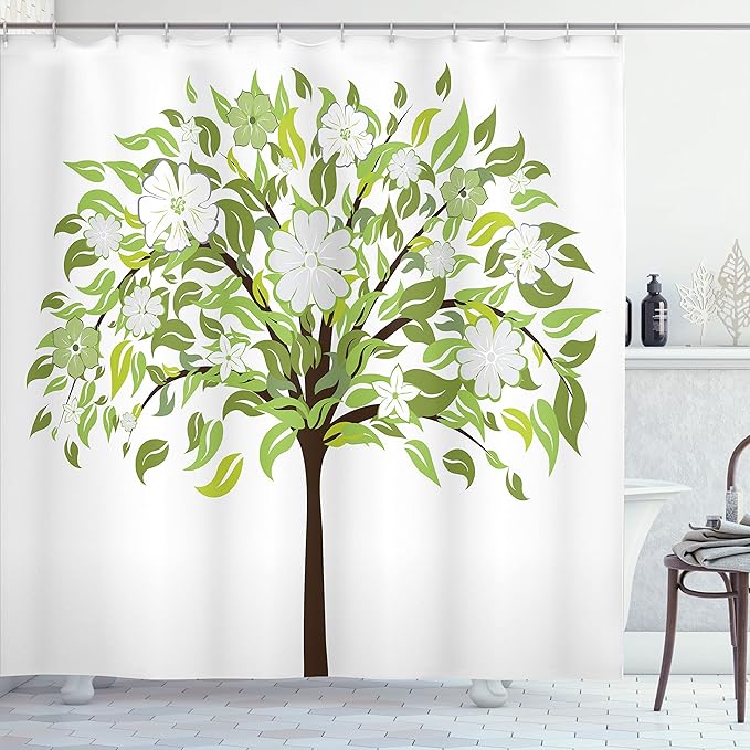 Ambesonne Nature Shower Curtain, Summer Tree with Flourishing Flowers Spring Blossoms Seasonal Print, Cloth Fabric Bathroom Decor Set with Hooks, 69" W x 70" L, Green Brown White