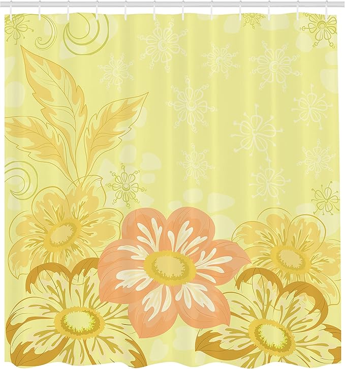 Ambesonne Yellow Shower Curtain, Mexican Dahlia Flower and Silhouette of Curving Leave on Ornate Background, Cloth Fabric Bathroom Decor Set with Hooks, 69" W x 70" L, Yellow Pink