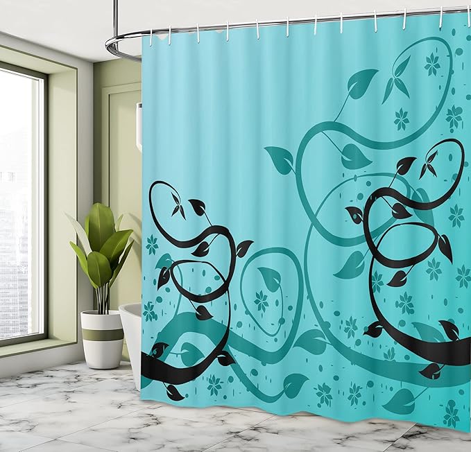 Ambesonne Teal Shower Curtain, Abstract Floral Modern Illustration with Winding Tendrils Leaves Vinesd Flowers, Cloth Fabric Bathroom Decor Set with Hooks, 69" W x 70" L, Black Teal