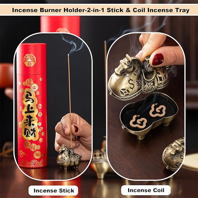 Gallop Toward Prosperity: Alloy Horse Incense Burner Holder-2-in-1 Stick & Coil Incense Tray,Feng Shui Home Decor for Meditation,Yoga,Office (Large)