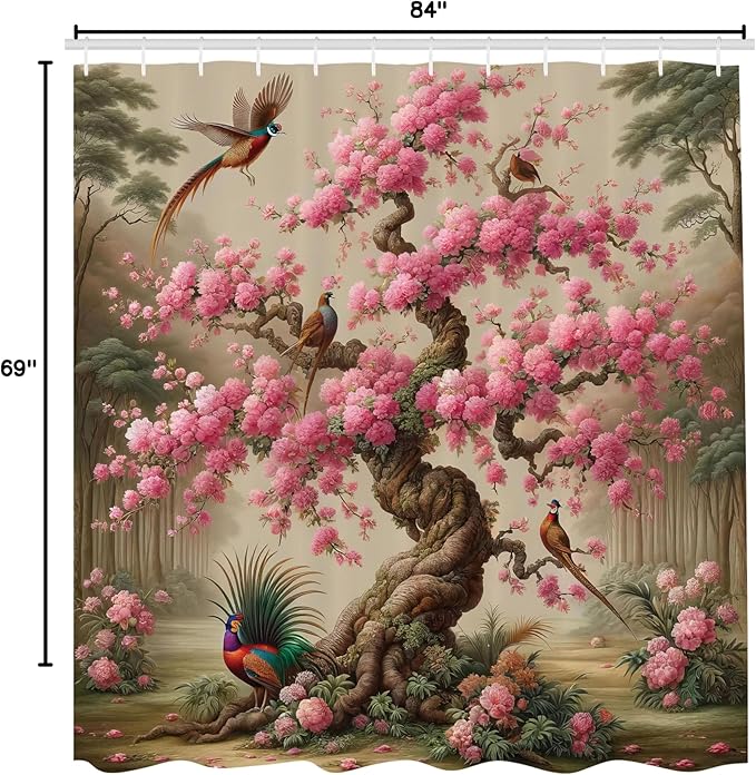 Ambesonne Spring Shower Curtain, Japanese Magic Sakura Tree with Colorful Crane Birds Vintage Framed Print, Cloth Fabric Bathroom Decor Set with Hooks, 69" W x 84" L, Pale Brown Pink Teal