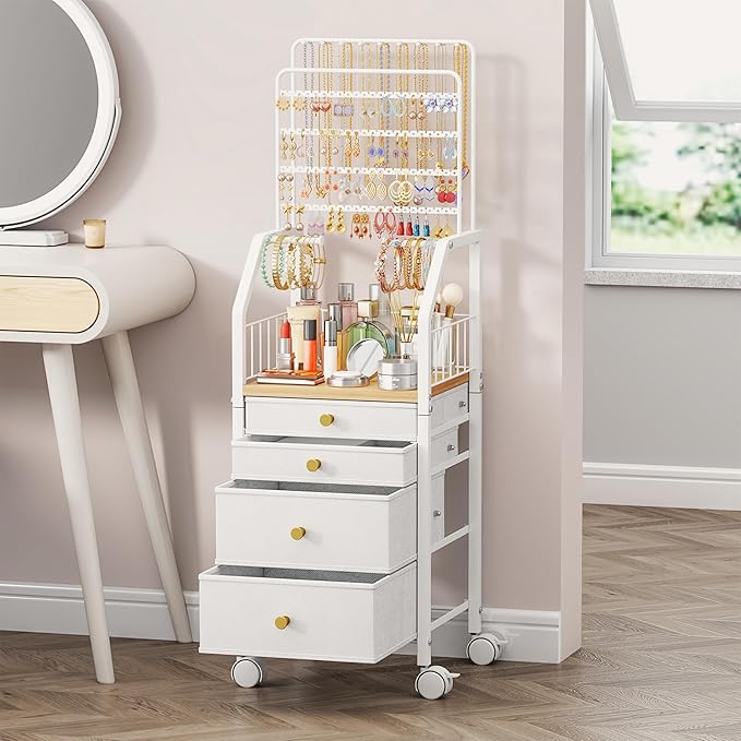 SWTYMIKI Jewelry Organizers and Storage- Multifunctional Stand Jewelry Organizer Cabinet for Necklace, Earring, Ring & Bracelet - Jewelry Box Necklace Holder with 4 Nonwoven Drawers & Wheel White