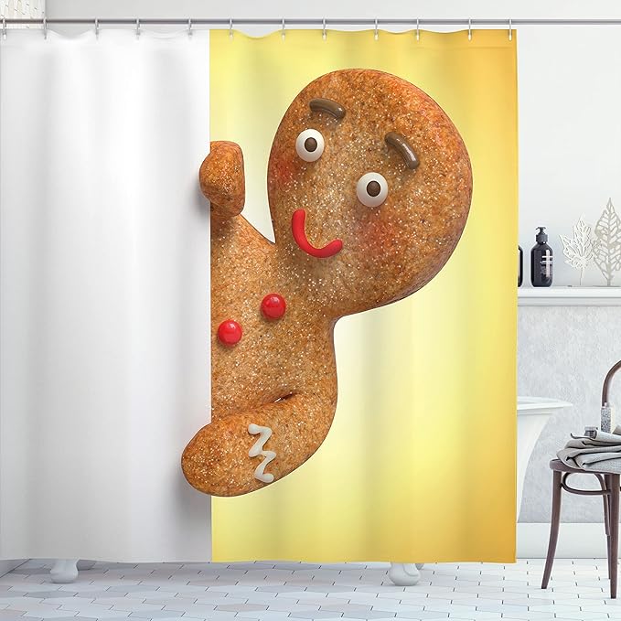 Ambesonne Gingerbread Man Shower Curtain, Gingerbread Man Holding a White Page Funny Xmas Character Print, Cloth Fabric Bathroom Decor Set with Hooks, 69" W x 75" L, Multicolor