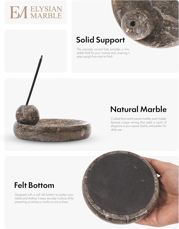 Incense Holder for Sticks, Natural Marble Incense Burner Ash Catcher Plate for Palo Santo, Sage, Meditation, Yoga and Home Decor - Oceanic Grey