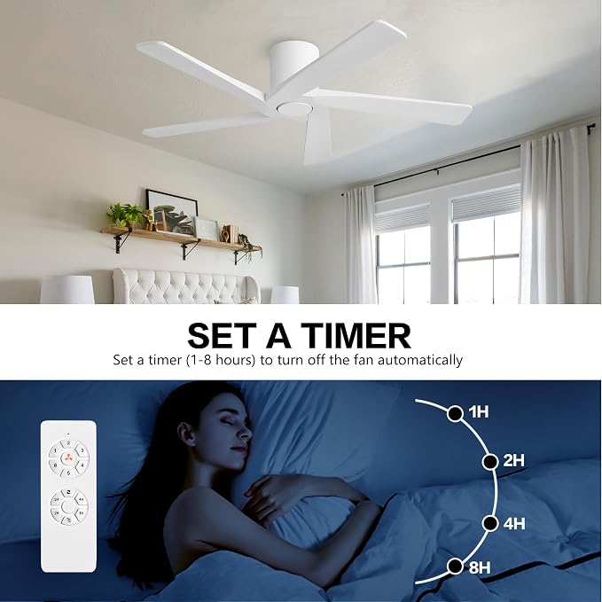 WINGBO 48 Inch Flush Mount DC Ceiling Fans without Lights, 5 Carved Solid Wood Blades, 6-Speed Reversible DC Motor, Low Profile Hugger Ceiling Fan No Lights for Indoor and Outdoor, Gloss White