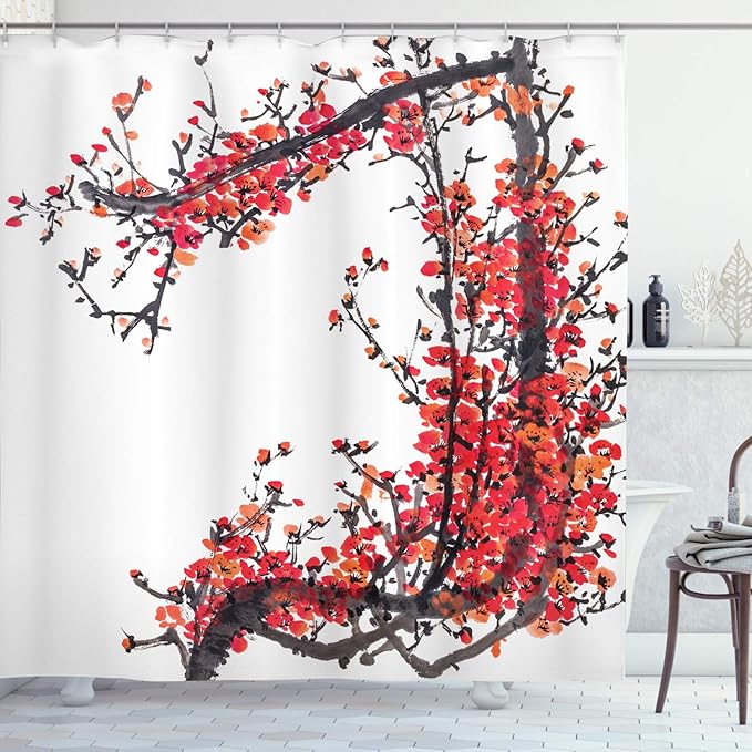 Ambesonne Japanese Shower Curtain, Cherry Blossom Sakura Branch Brushstrokes Image Print, Cloth Fabric Bathroom Decor Set with Hooks, 69" W x 84" L, Red and Brown