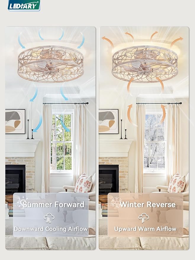 LEDIARY 23 Inch Caged Ceiling Fans with Lights, White Flush Mount Ceiling Fan with Remote&App, Large Low Profile Bladeless Ceiling Fan Light Fixture for Bedroom, Kitchen, Dining Room-White Gold Color