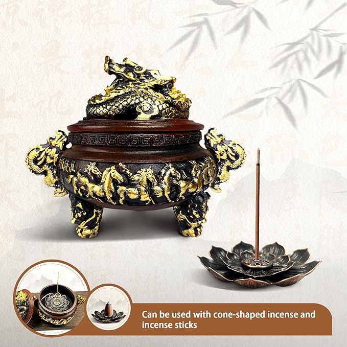 Incense Burner, Dragon Resin Burner, Incense Burner with Lid and Stand Accessories, Suitable for Indoor and Outdoor use, Housewarming Gift Idea,Feng Shui Home Decoration (red)