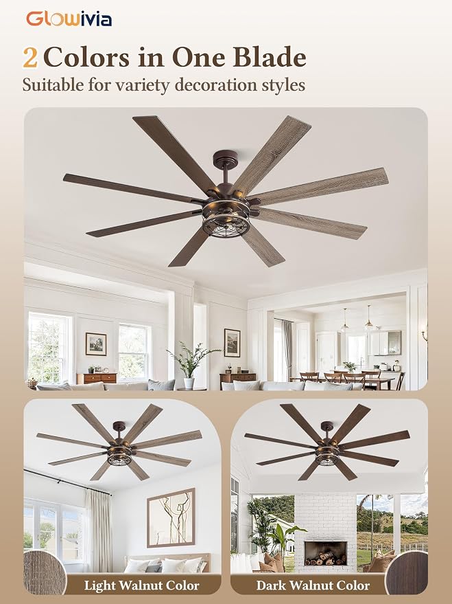 72 Inch Ceiling Fans with Lights, Farmhouse Ceiling Fan with Lights and Remote, Dual Finish 8 Blades Black Caged Rustic Ceiling Fans with 6 Speed Reversible Motor for Indoor/Covered Outdoor
