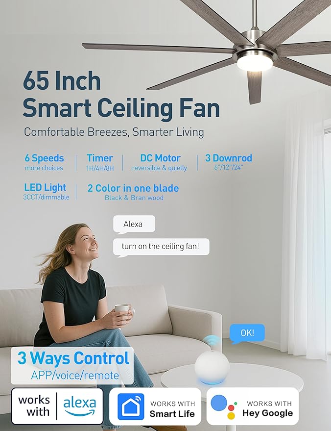 Minislak 65 Inch Large Smart Ceiling Fan with Light and Remote via WIFI Alexa APP Control,Dimmable,Quiet DC Motor Indoor Outdoor Ceiling Fans for Patios or Bedroom
