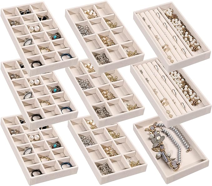 Frebeauty Jewelry Trays for Drawer,Set of 9 Jewelry Organizer and Storage | Velvet Material,Earring Holder Organizer,Stackable Jewelry Display for Vanity,Drawer Inserts for Rings,Studs,8.3×4.9 inch