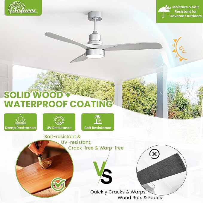 Sofucor 52 Inch Ceiling Fan with Light and Remote - 3 Solid Wood Blades, Quiet DC Motor, 6 Speeds 5000CFM, Dimmable Tri-Color LED with Memory, Timer & Reversible for Bedroom Living Room