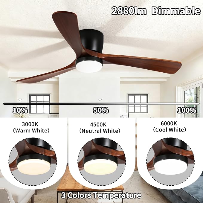 Ceiling Fans with Lights and Remote Control, 52 Inch Solid Wood Blade, Low Profile Flush Mount, LED Dimmable DC Reversible Modern Ceiling Fans with APP Control for Bedrooms, Living Rooms, Patio, Black