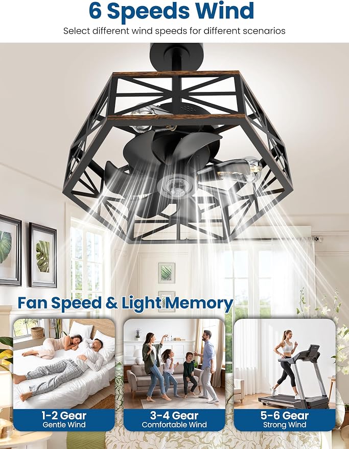 20" Caged Ceiling Fan with Light and Remote App Control, Rustic Hexagonal Downrod Mount Ceiling Fandelier Lights, 6 Speed and Reversible, Farmhouse Industrial Style for Bedroom, Kitchen