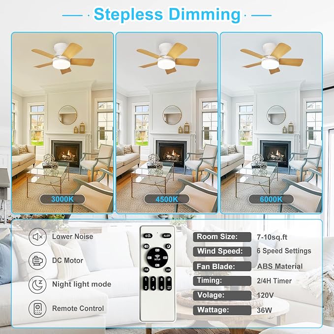 Depuley Modern Ceiling Fan with Light: 25-Inch White Small Fans for Bedroom Indoor Outdoor - Dimmable Low Profile Ceiling Fans with Remote Control Flush Mount 5 Reversible Wood Blades 6 Speeds Timer