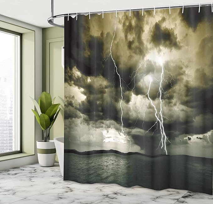 Ambesonne Nature Shower Curtain, Majestic Rain Cloud with a Thunderstorm All Over The Ocean Sea Dramatic Scenery, Cloth Fabric Bathroom Decor Set with Hooks, 69" W x 75" L, Dimgrey Blue