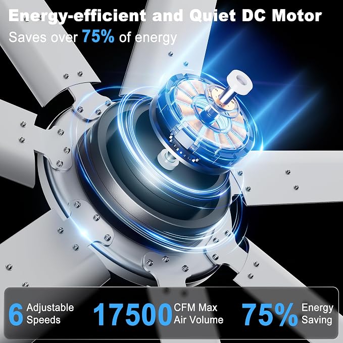 Ohniyou 96'' Industrial Ceiling Fan Without Light for Workshop, Silver | 17500 CFM Airflow, 7 Aluminum Blades, Remote/APP Control, 6 Speeds, Reverse Mode, Large Commercial Metal Fan for Gym, Shop