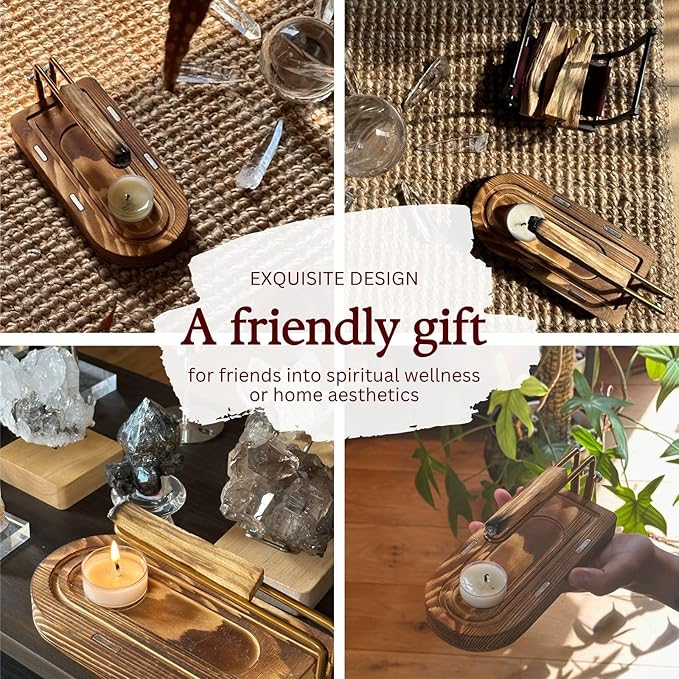 3-in-1 Palo Santo Holder & Burner – Wooden Base Sage Holder with Metal Frame for Palo Santo Sticks, Aromatherapy, Meditation & Smudging Rituals (3 in 1)