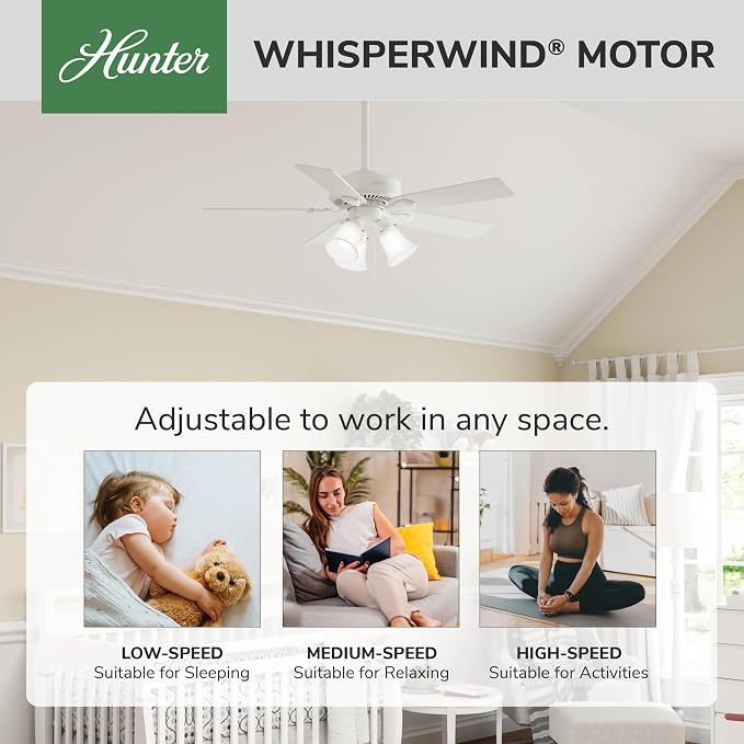 Hunter Swanson, Indoor, Ceiling Fan, with LED Lights, 44 inch, Fresh White | Standard Mount, Pull Chain, 5 Blades, For Bedroom, Living Room, Kitchen, 50885