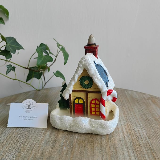 Hosley Resin Backflow Incense Burner – Christmas House Snow Cabin Backflow Incense Cone Holder (4.72") with 20 Apple Cinnamon Cones, House Decor & Aromatherapy