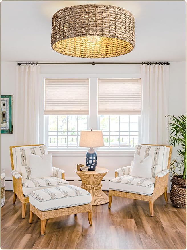 Handwoven Boho Rattan Ceiling Fan with Light,Flush Mount Caged Ceiling Fans with Lights and Remote Control,Low Profile Enclosed 6 Speeds Fandelier for Bedroom Living Dining Room,4-Light