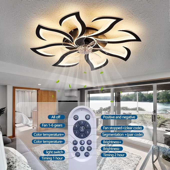 Dalouguan Modern Ceiling Fan with Lights Remote Control, 32" Black 6 Speeds 3 Light Color Low Profile Flush Mount Ceiling Fan for Kitchen Bedroom