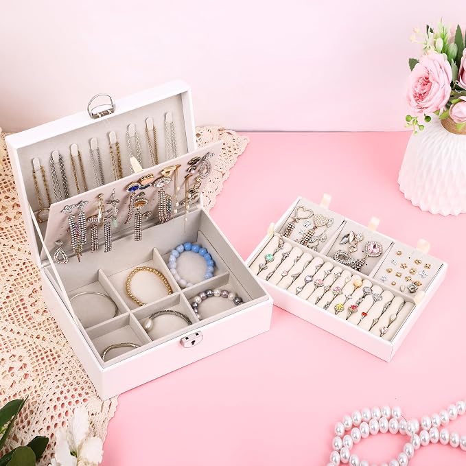 BOOVO Large Jewelry Boxes For Women(White, 4 layer) | 4 Layers Jewelry Organizer Box With Cosmetic Storage Drawer, Necklace Ring Jewelry Organizer Box
