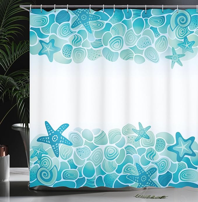 Ambesonne Ocean Shower Curtain, Modern Sealife Marine Sea Shells Stars Fish Under The Sea Image, Cloth Fabric Bathroom Decor Set with Hooks, 69" W x 84" L, Turquoise Seafoam