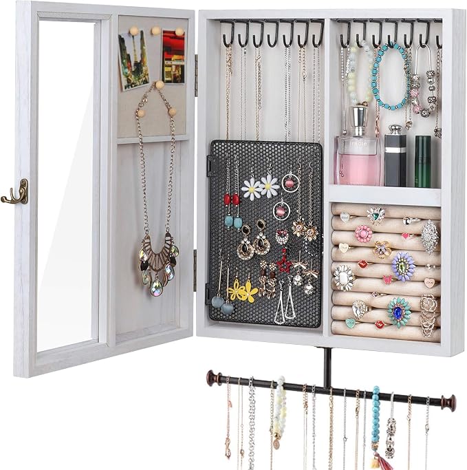 Keebofly Wall Mounted Rustic Wood Jewelry Organizer Cabinet - White | Large Hanging Holder Display for Necklaces, Earrings & Bracelets, Space Saving Ring Storage, Great Gift for Women