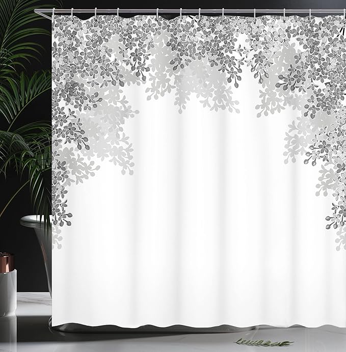 Ambesonne Flower Shower Curtain, Framing Lilac Flowers in Blossom Vernal Season Soothing Color Shades Artwork, Cloth Fabric Bathroom Decor Set with Hooks, 69" W x 84" L, Dimgray White