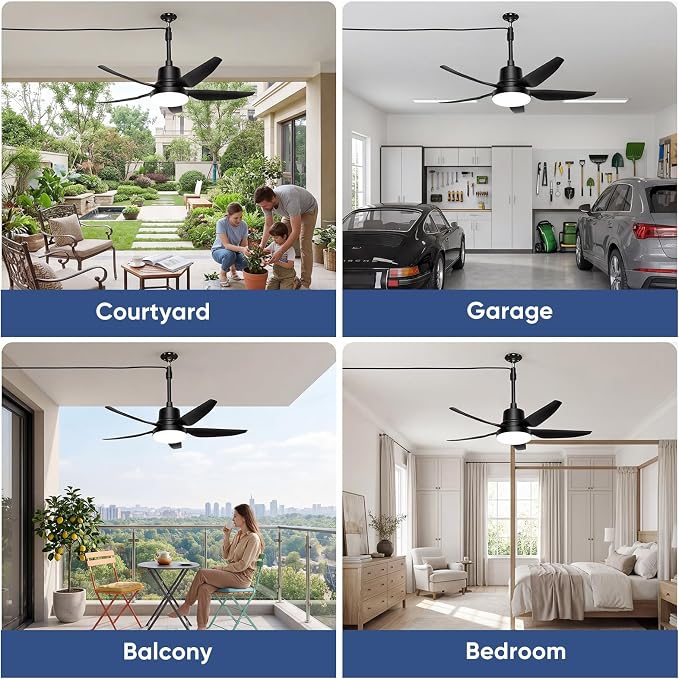 Plug in Ceiling Fan with Light,30" Portable Outdoor Ceiling Fans with Remote–4 Speeds,3000K-6500K LED Hanging Fan Light with Hook for Gazebos,Patios,Garage,Camping,RV,Workshops (Black)