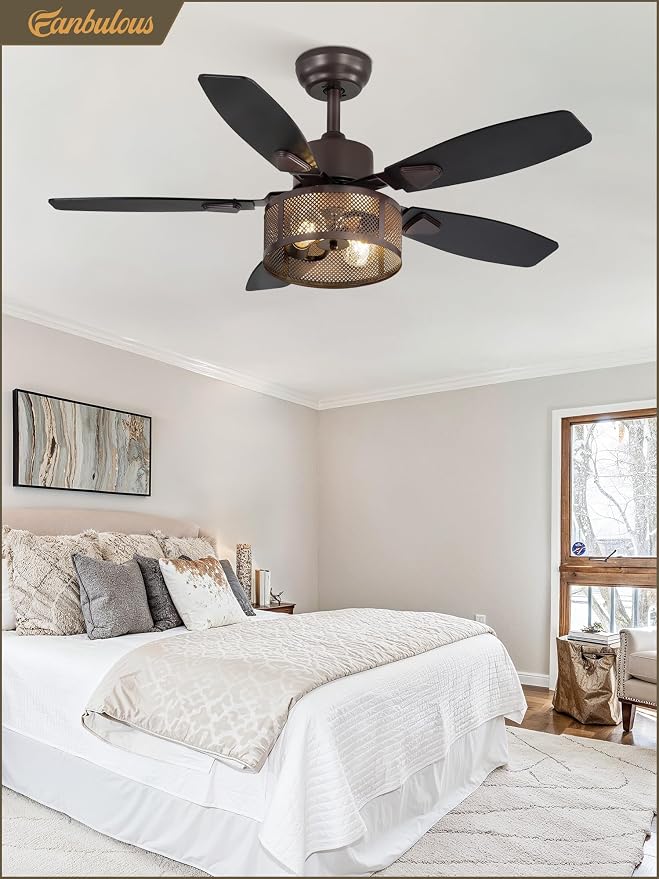 Fanbulous Farmhouse Oil Bronze Ceiling Fans with Lights and Remote, 42 Inch Bedroom Caged Ceiling Fans for Living Room Kitchen，6 Speed Reversible Quiet DC Motor, Dual Finish 5 Blades